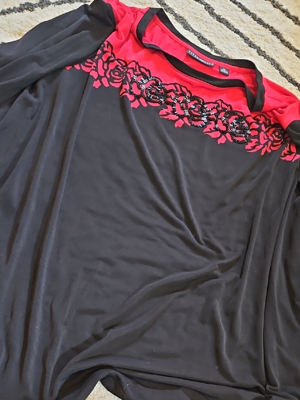 Susan Graver Black and Bright Pink Embellished Neckline Top